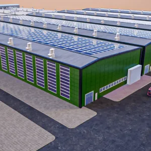 Rendering of the production halls with green facades
