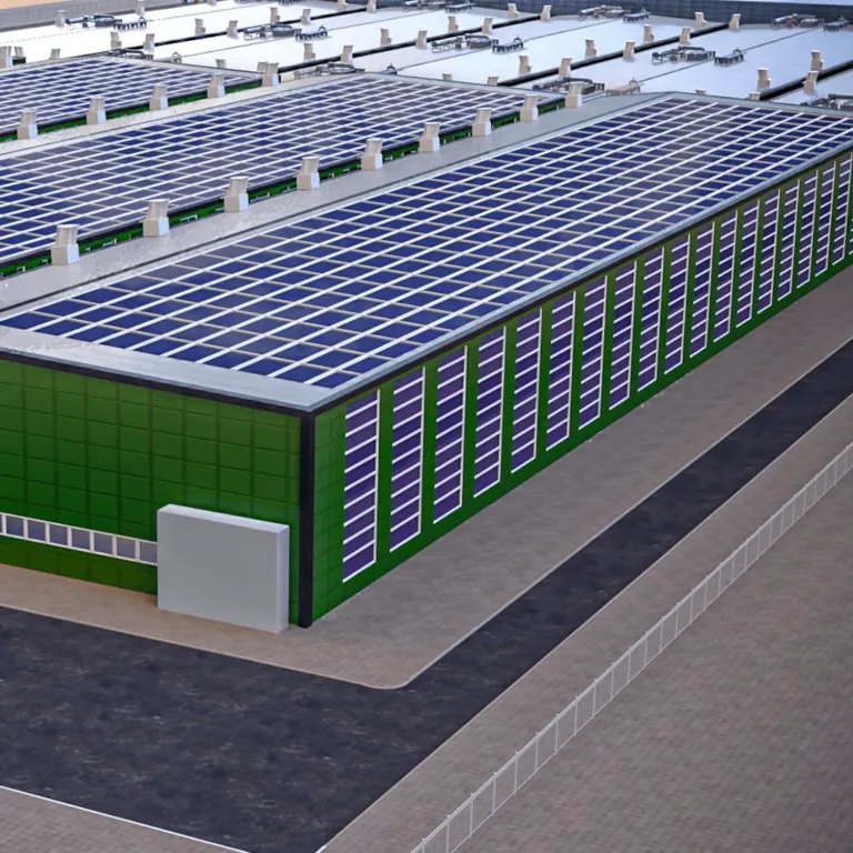 Rendering of the production halls with solar panels on the roof