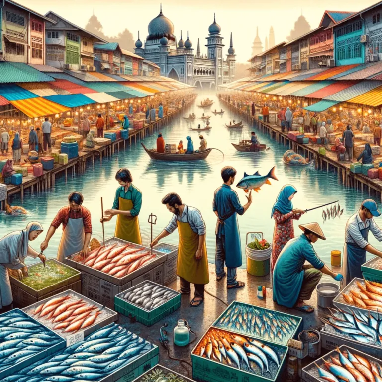 Illustration of a busy fish market along a canal