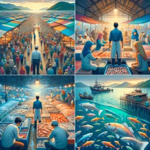 Illustration of fish markets and a coastal fish farm in four panels