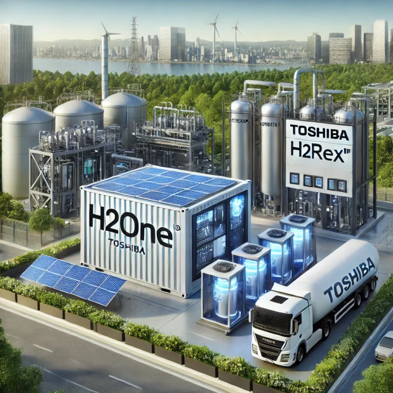 Illustration of a hydrogen energy system with storage containers and a tanker truck