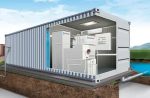 Containerised water treatment unit in a cutaway view