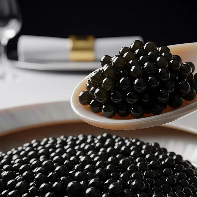 Spoonful of black caviar above a bowl of caviar