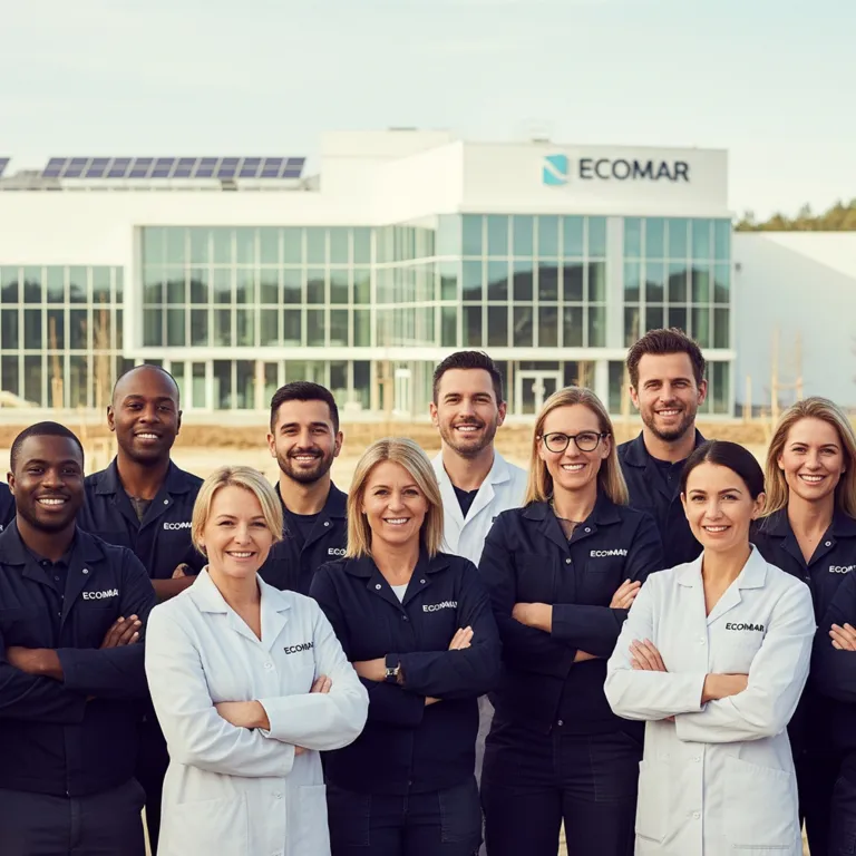 Group of staff in work clothing in front of a building with the ECOMAR sign