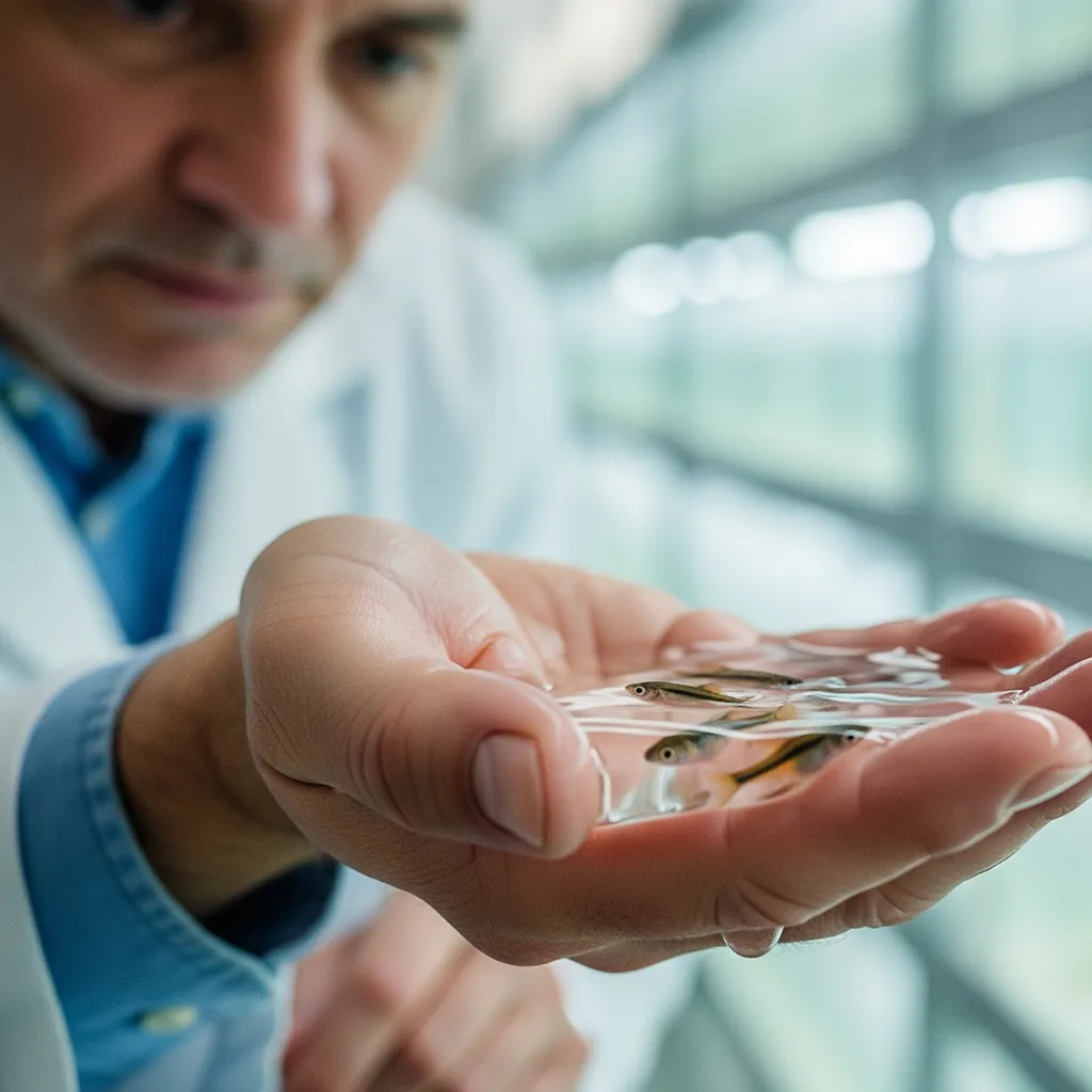 Technician examining small fish in the palm of his hand