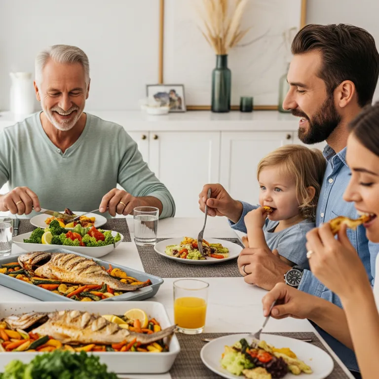 Family sharing a fish dinner at home
