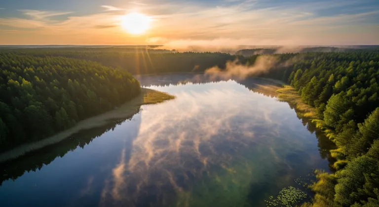 River valley with morning mist at sunrise