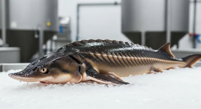 Sturgeon resting on crushed ice