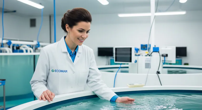 Technician in a lab coat checking a fish tank