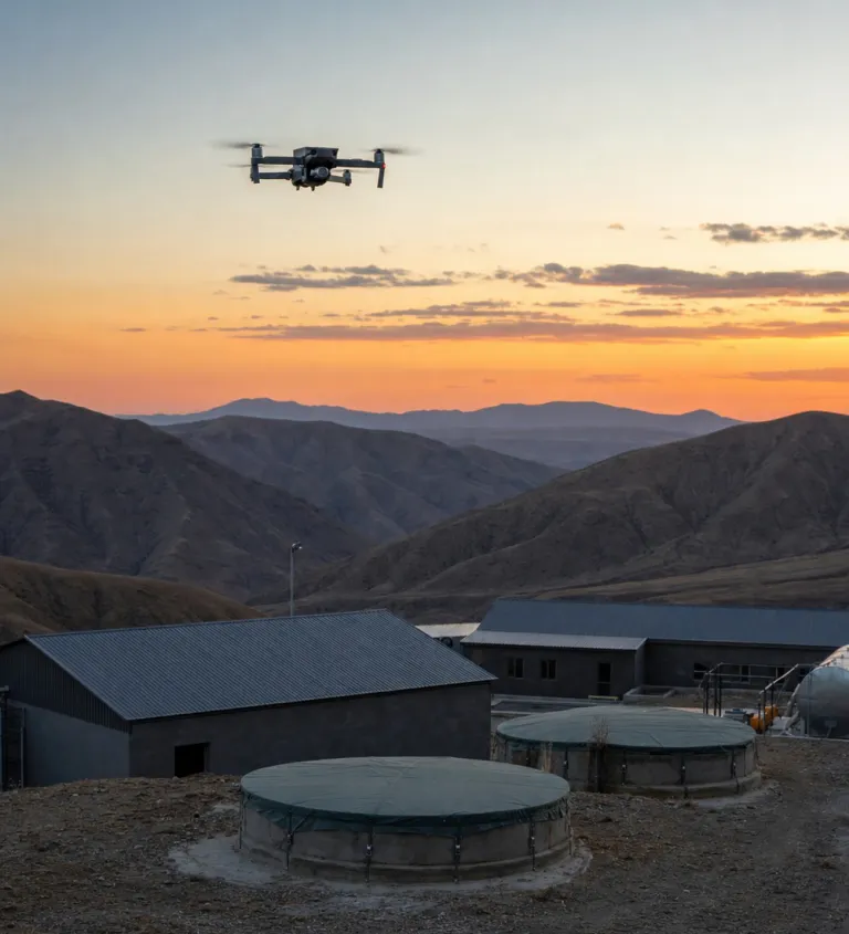 Security drone above the grounds at dusk