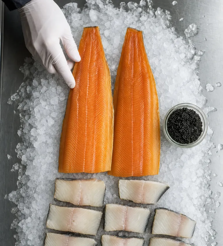 Smoked and salted products on ice