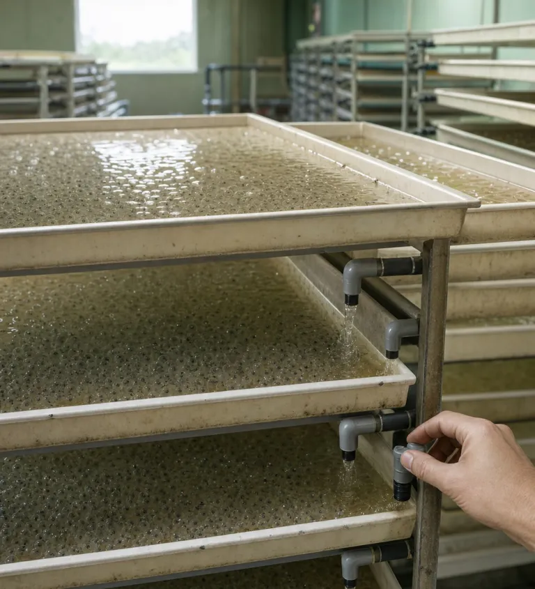 Incubation trays in the hatchery