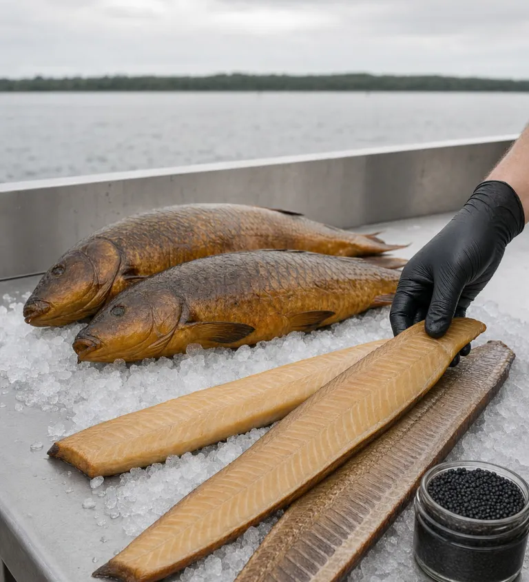 Smoked fish and caviar on the preparation table