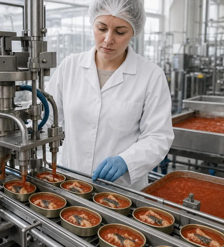 Canning line filling cans in tomato sauce