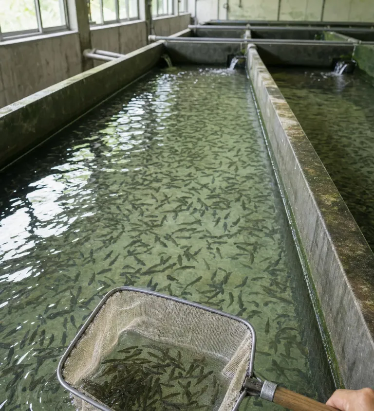 Hatchery trough with juvenile fish