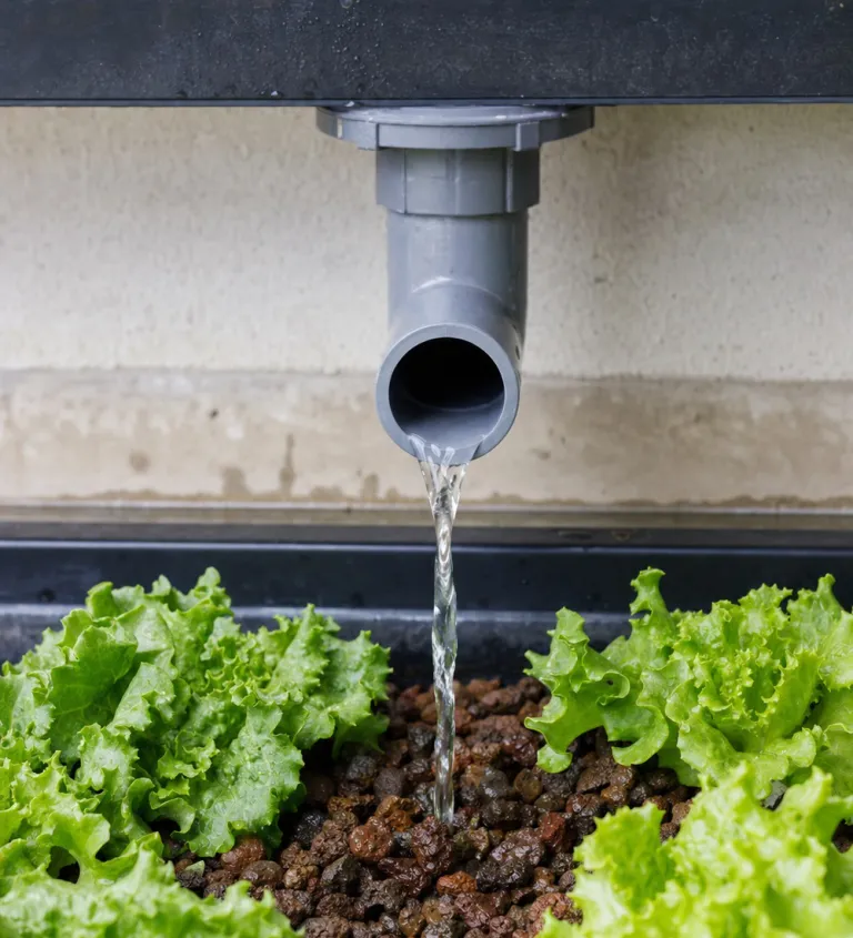 Nutrient-rich water running from the tanks into the plant beds