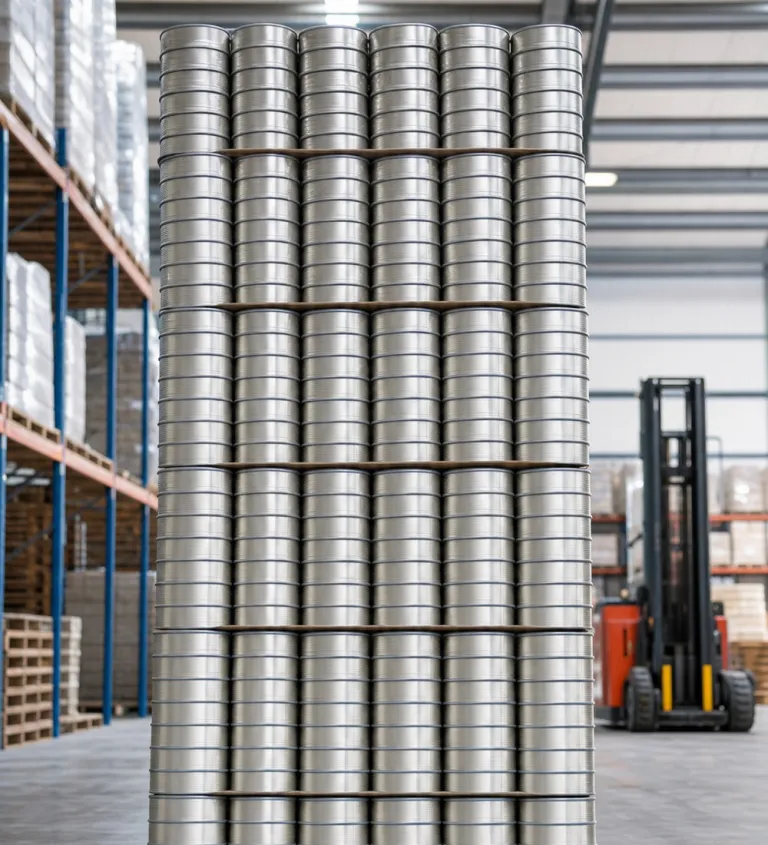 Stacked empty fish cans in the warehouse