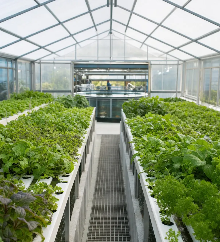 Greenhouse with hydroponic channels next to the fish tanks