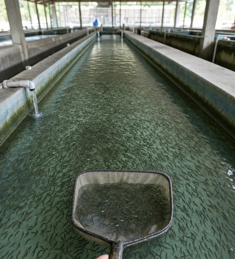 Hatchery trough with juvenile fish