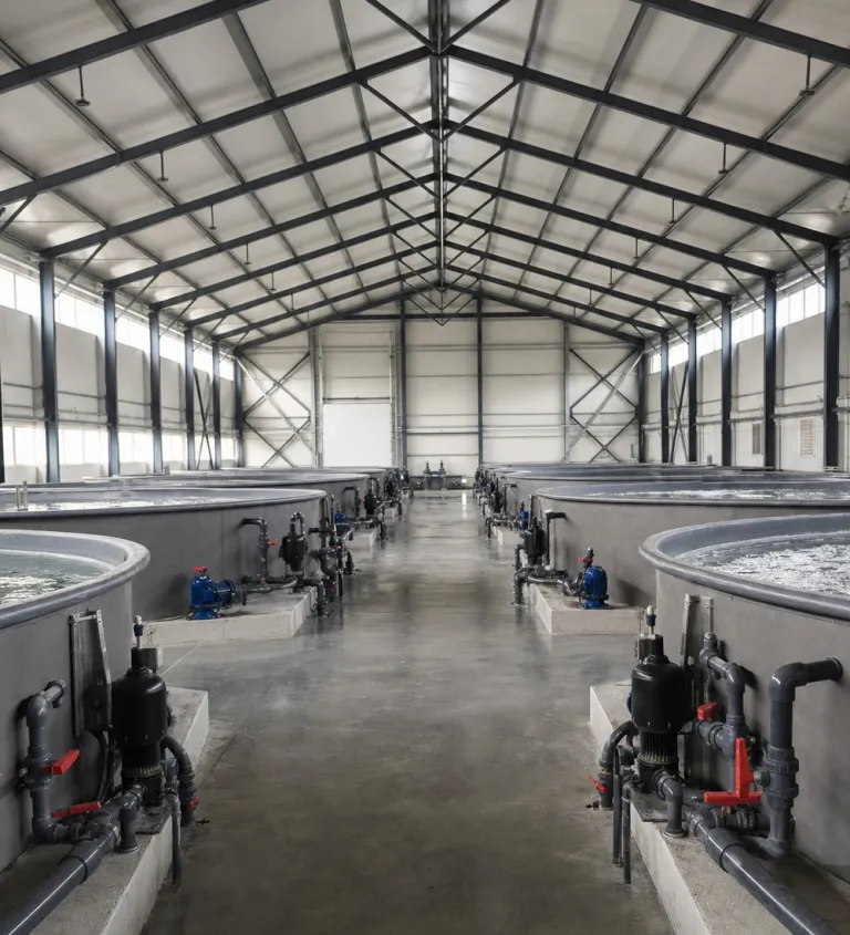 Production hall with separate water loops for each tank