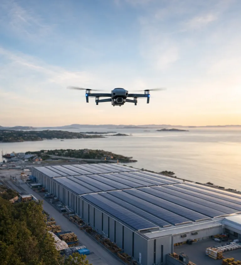 Security drone above the facility at dusk