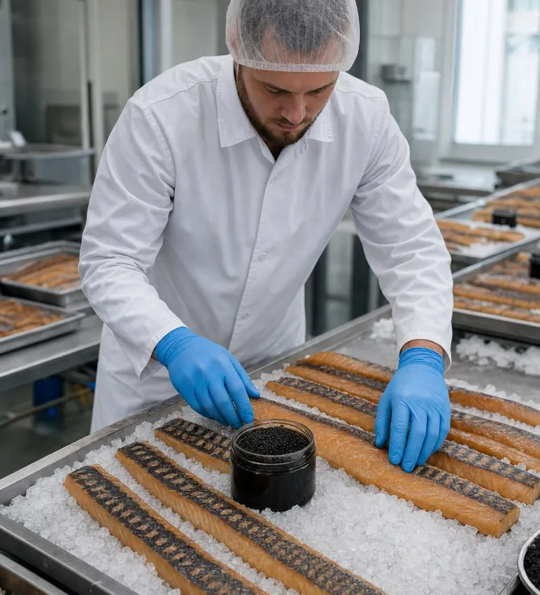 Cold-smoked fillets and caviar on the preparation table