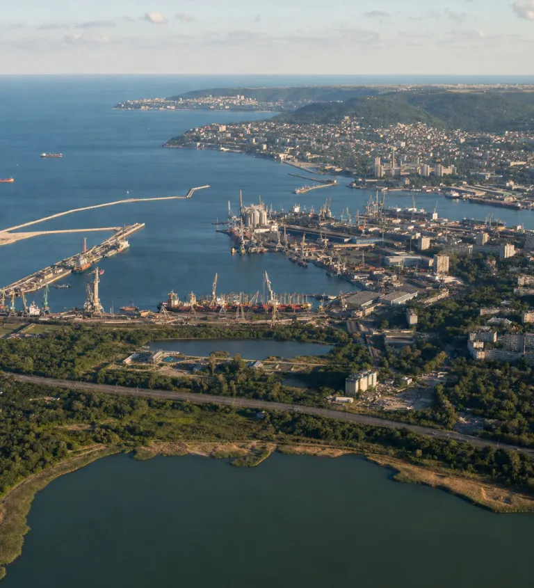 Aerial view of the Varna coast with the port and Lake Varna