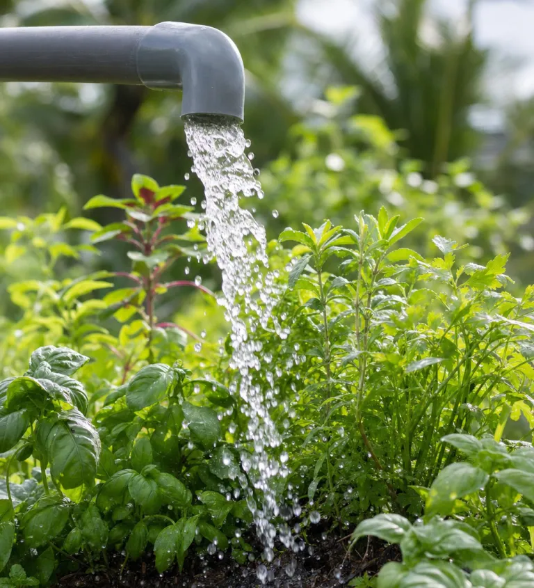 Nutrient water feeding the herb beds