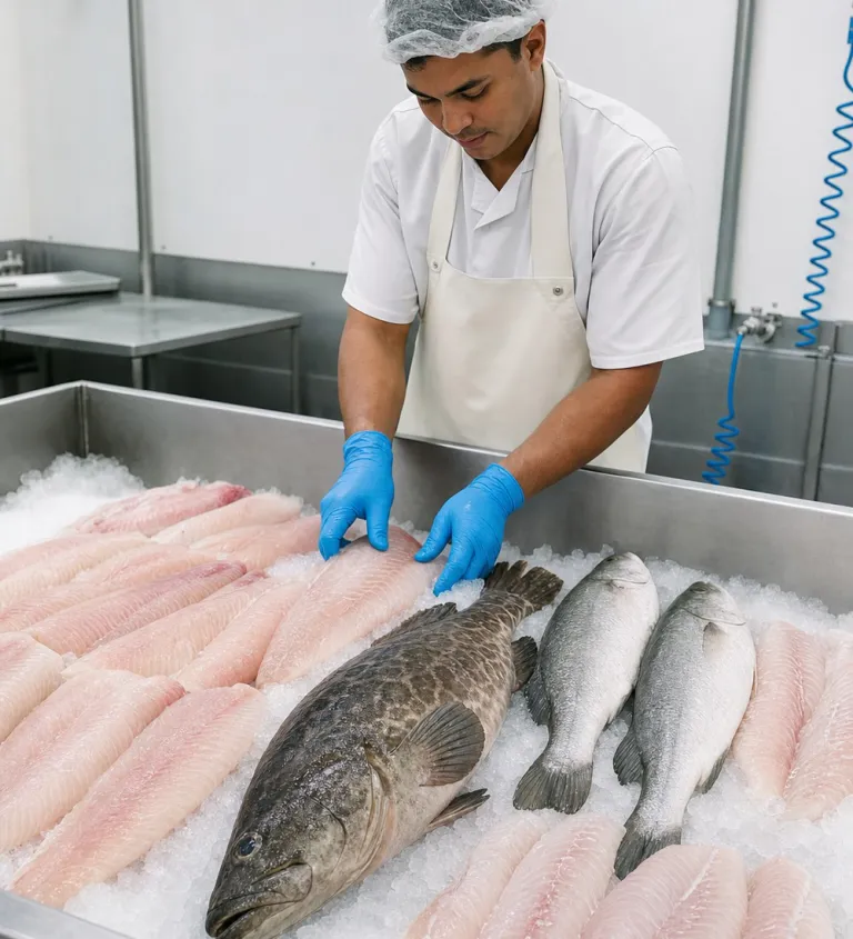 Fresh fillets and whole fish on ice