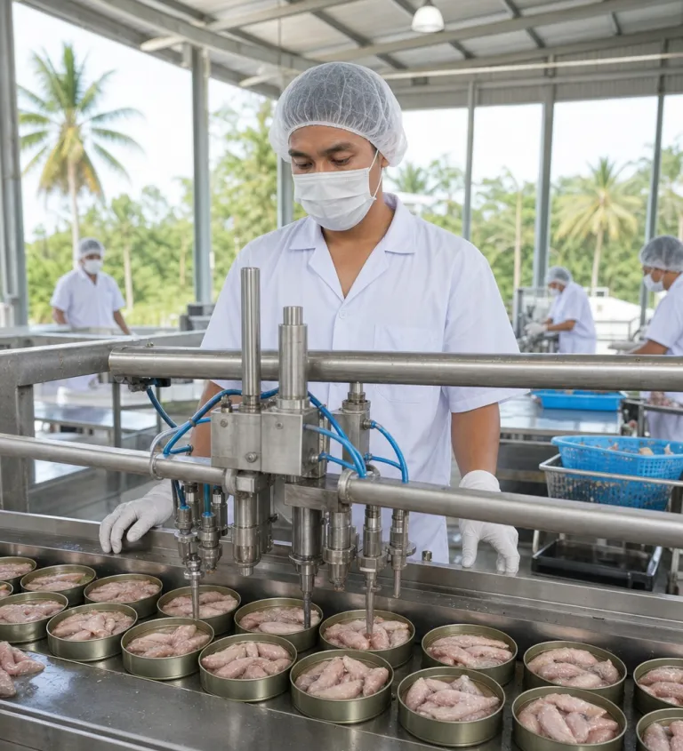 Canning line in the processing plant