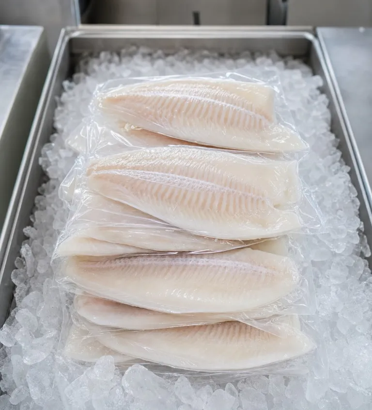 Vacuum-packed fillets in a chilled crate