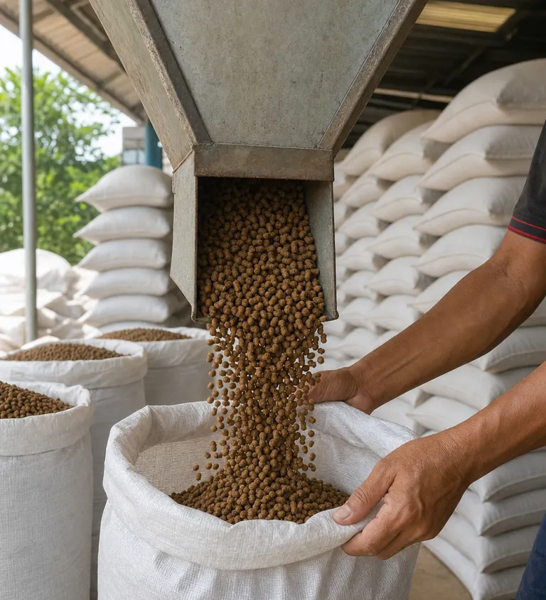 Extruded feed pellets filling a sack