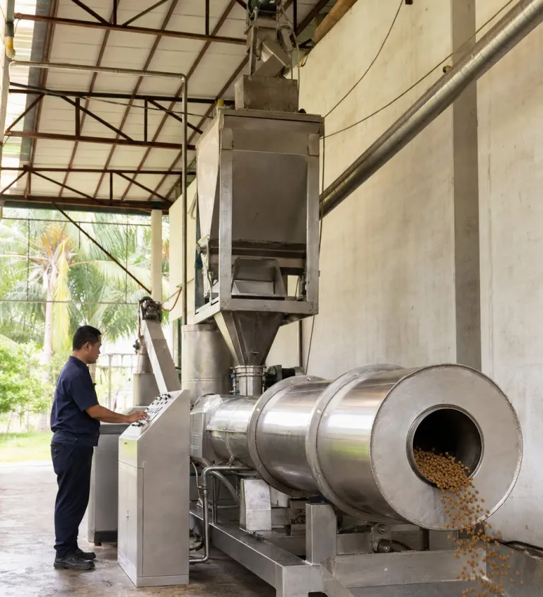 Feed mill with extruder and cooling drum