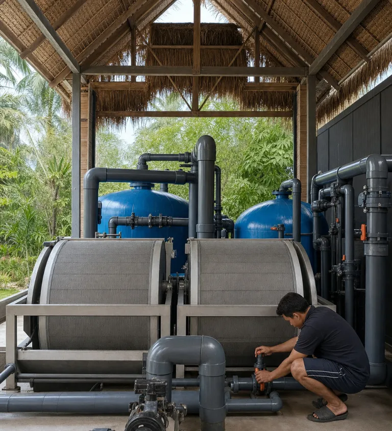 Drum filters and pumps of the recirculation system