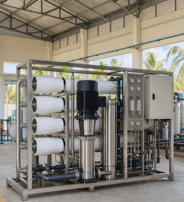 Seawater treatment skid with membrane vessels