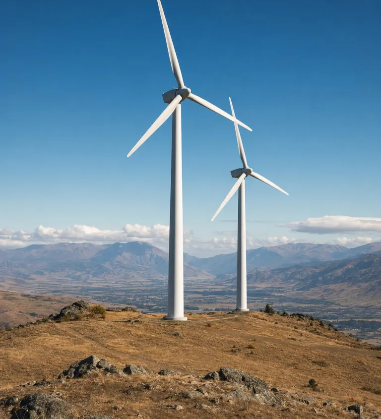 Wind turbines on a ridge above the valley