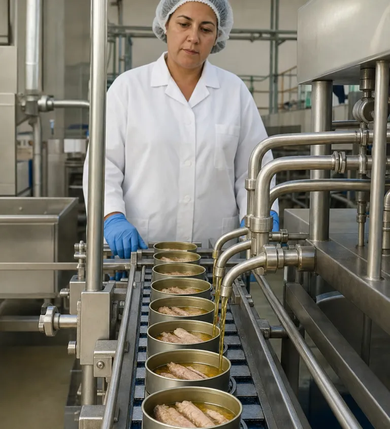 Canning line filling cans in oil