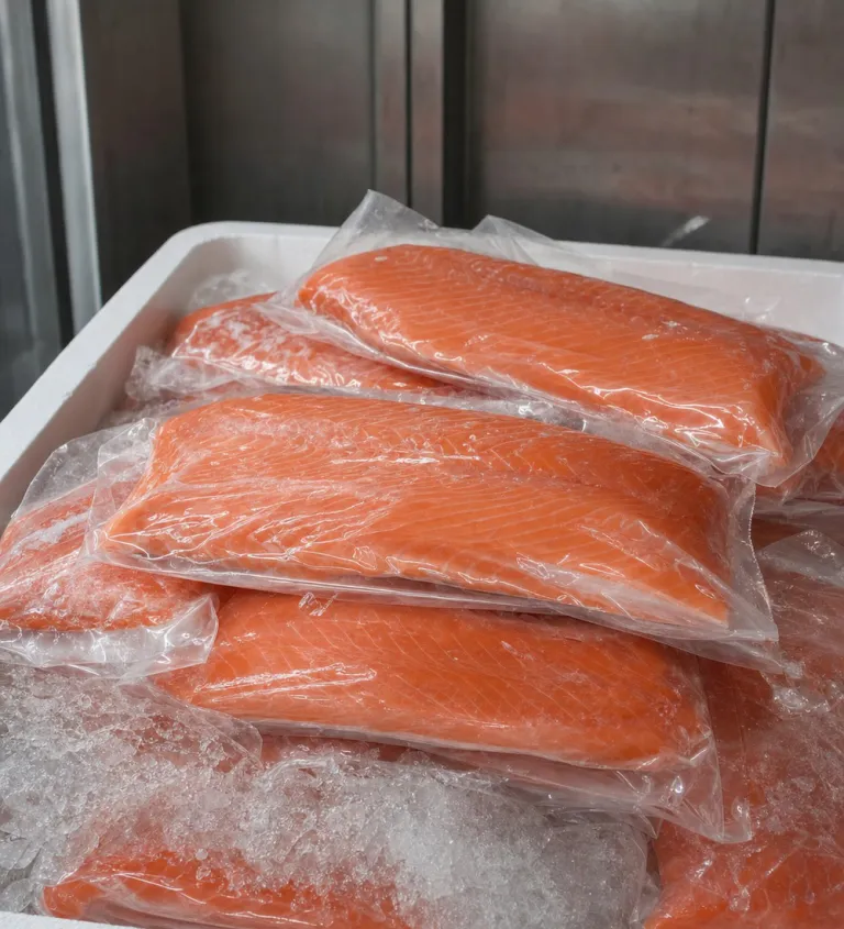 Vacuum-packed fillets in a chilled crate