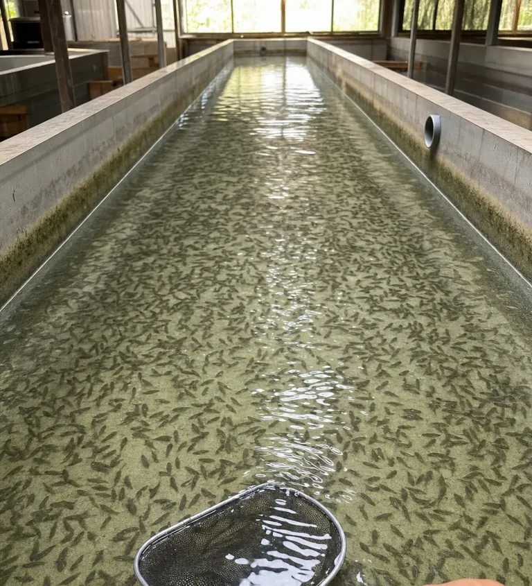 Hatchery trough with juvenile fish