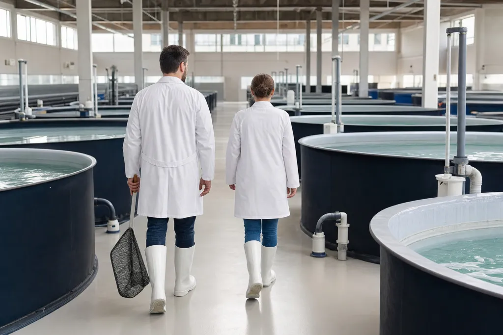 Staff walking the aisle between the grow-out tanks