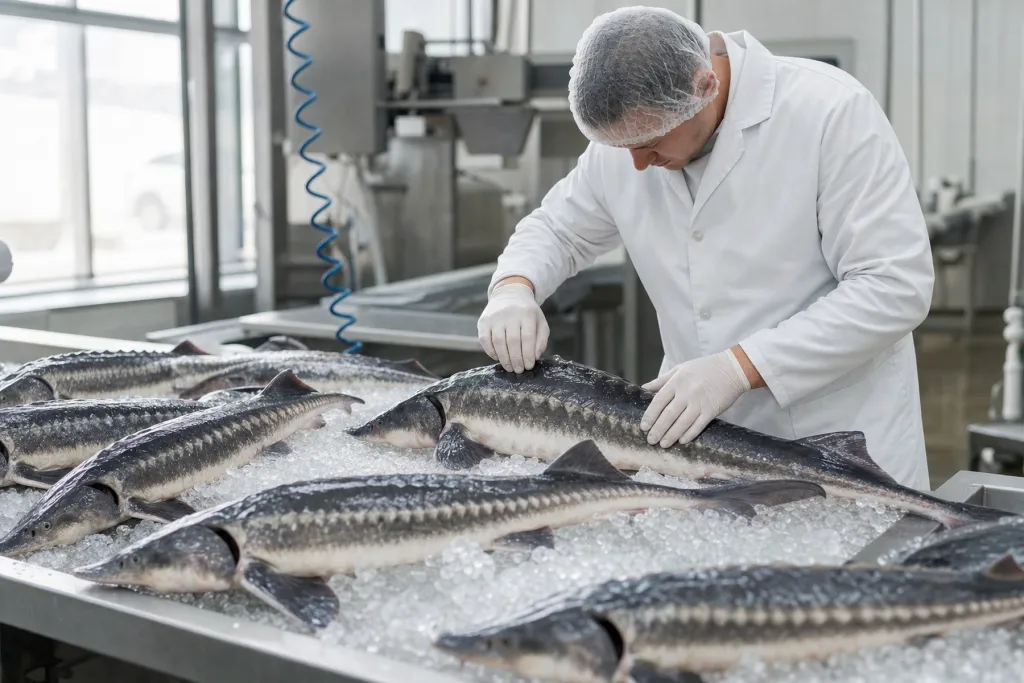 Fresh sturgeon on ice at the harvest table