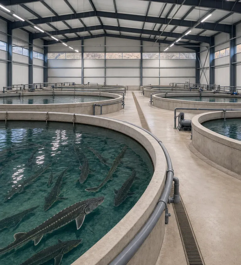 Circular grow-out tanks with sturgeon inside the enclosed production hall