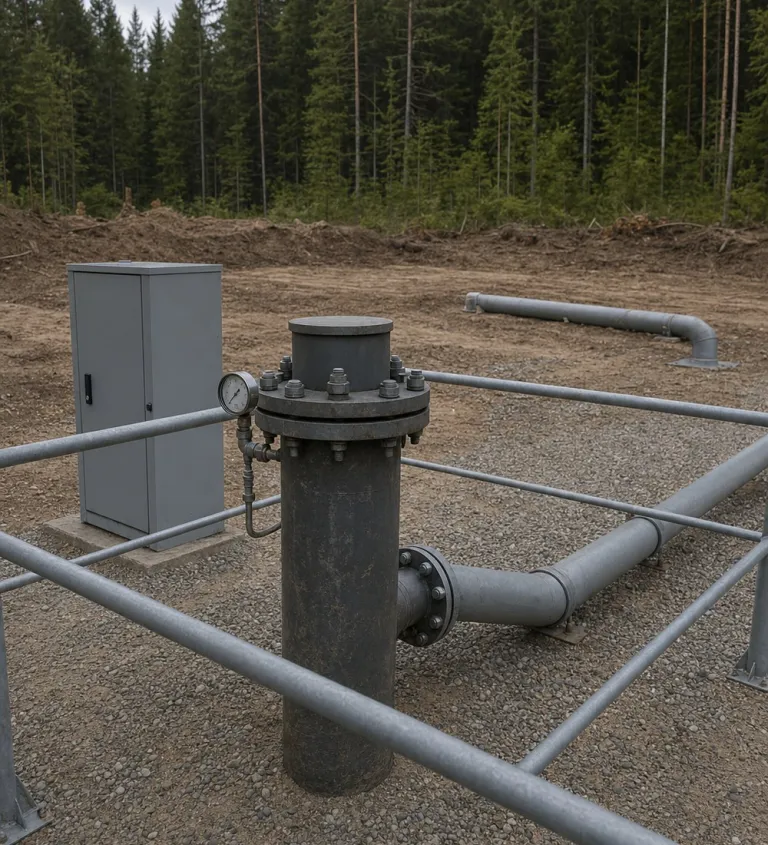 Capped groundwater well head on the plot at the forest edge