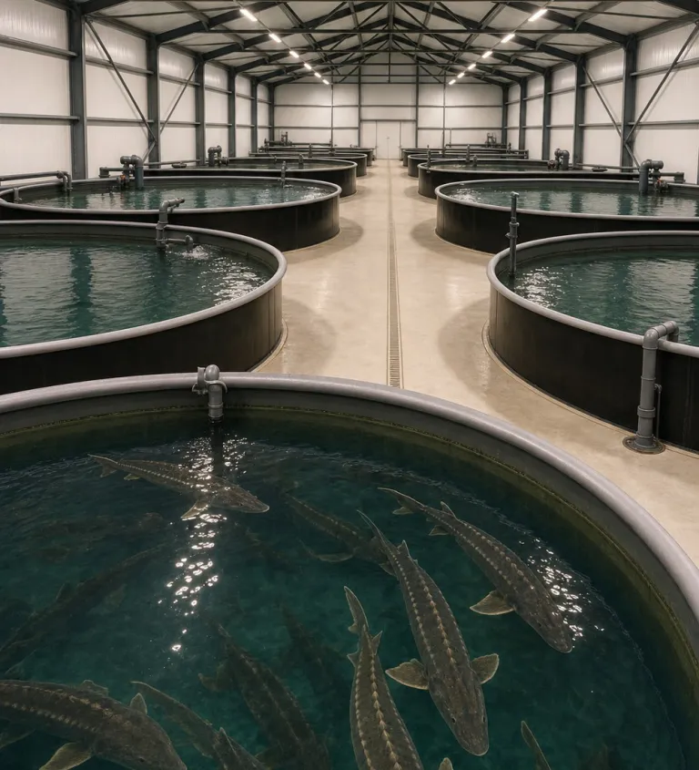 Circular grow-out tanks with sturgeon inside the enclosed production hall
