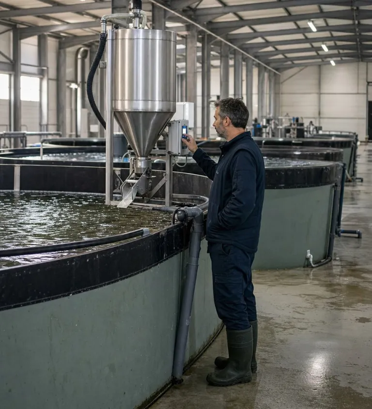 Operator checking the feed system inside the production hall