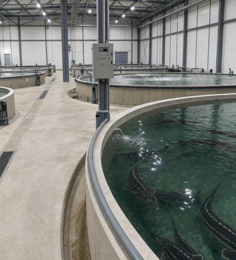 Circular grow-out tanks with sturgeon inside the enclosed production hall