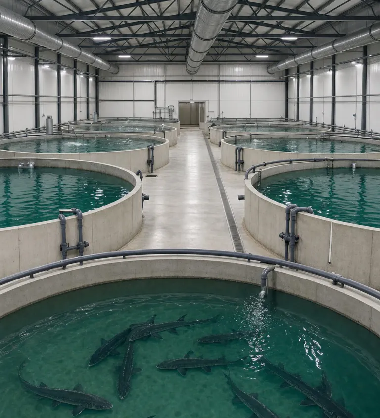 Circular grow-out tanks with sturgeon inside the enclosed production hall