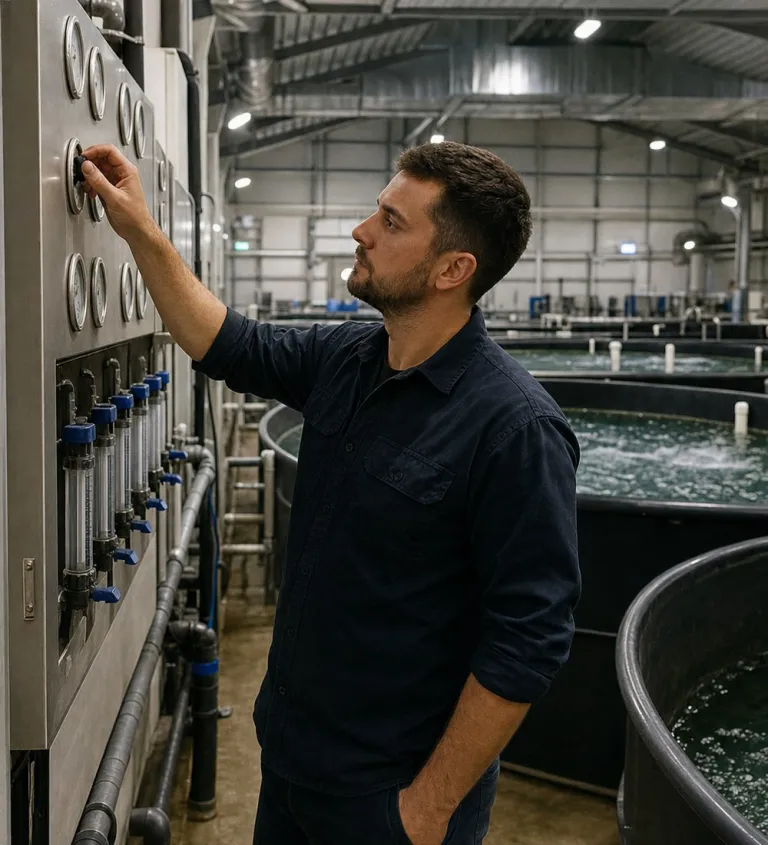 Operator checking water treatment controls inside the production hall