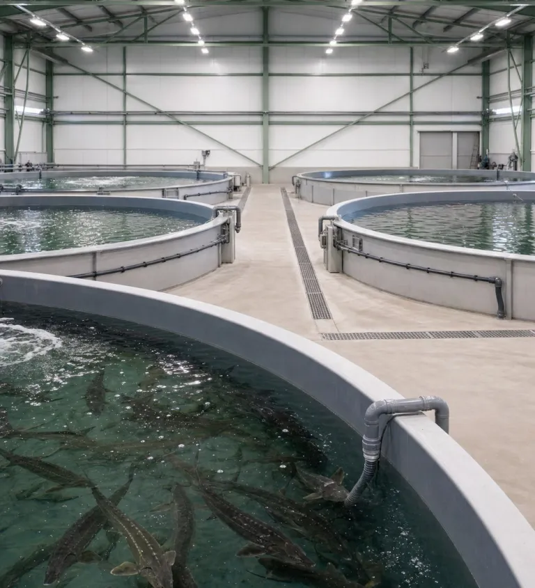 Circular grow-out tanks with sturgeon inside the enclosed production hall