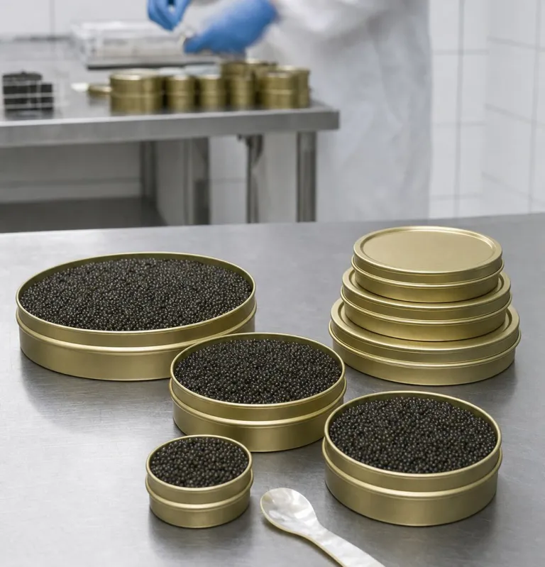 Tins of black sturgeon caviar in the processing room